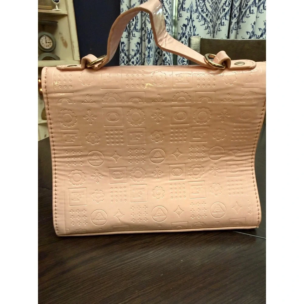 FAO Schwarz Pink Patent Embossed Monogram Top Handle Handbag Gold Logo Bag
